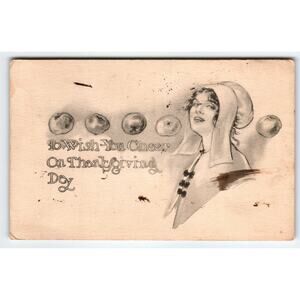 Vintage 1911 Thanksgiving Postcard Lithograph Woman & Apples Antique